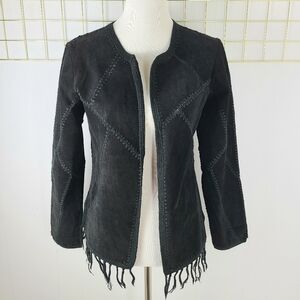 Vintage Genuine Suede Fringe Crochet Patchwork Western Open Front Jacket